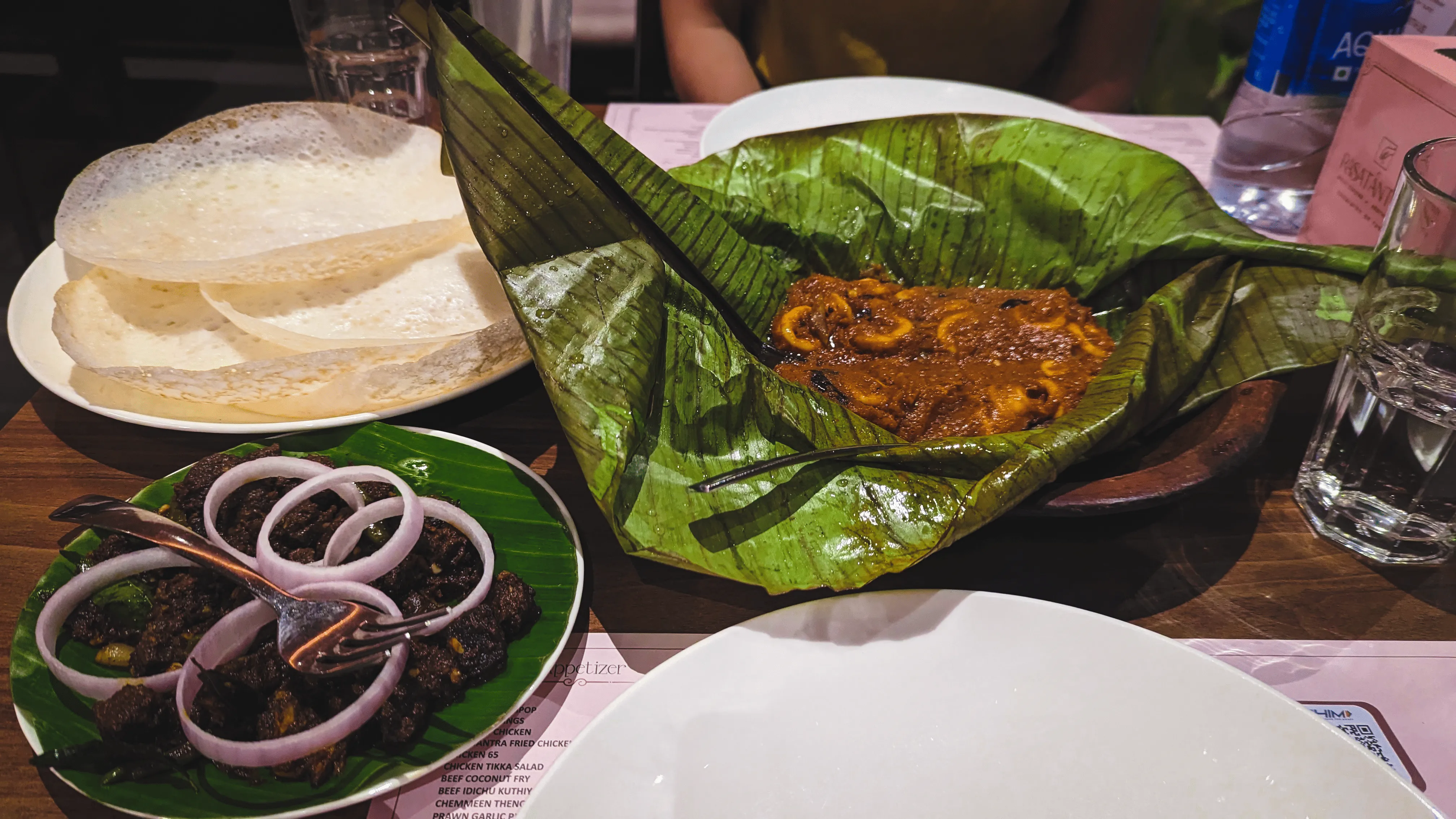 appam with fish and beef curry