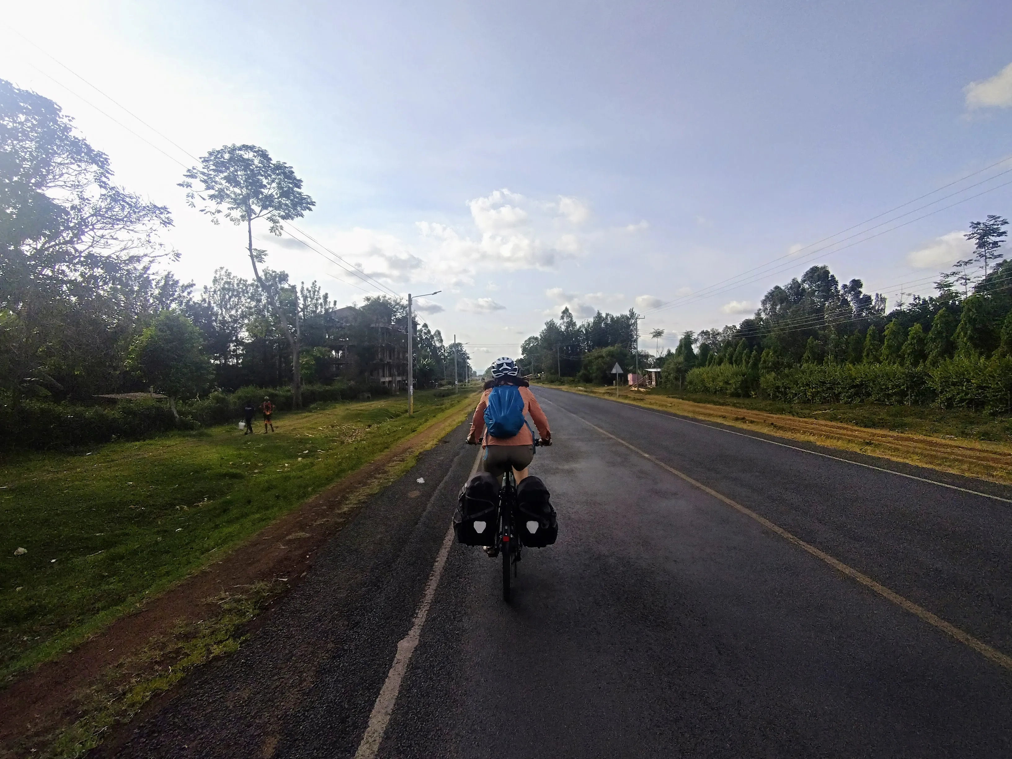 Cyclist on a Kenyan road with lush green trees on either side