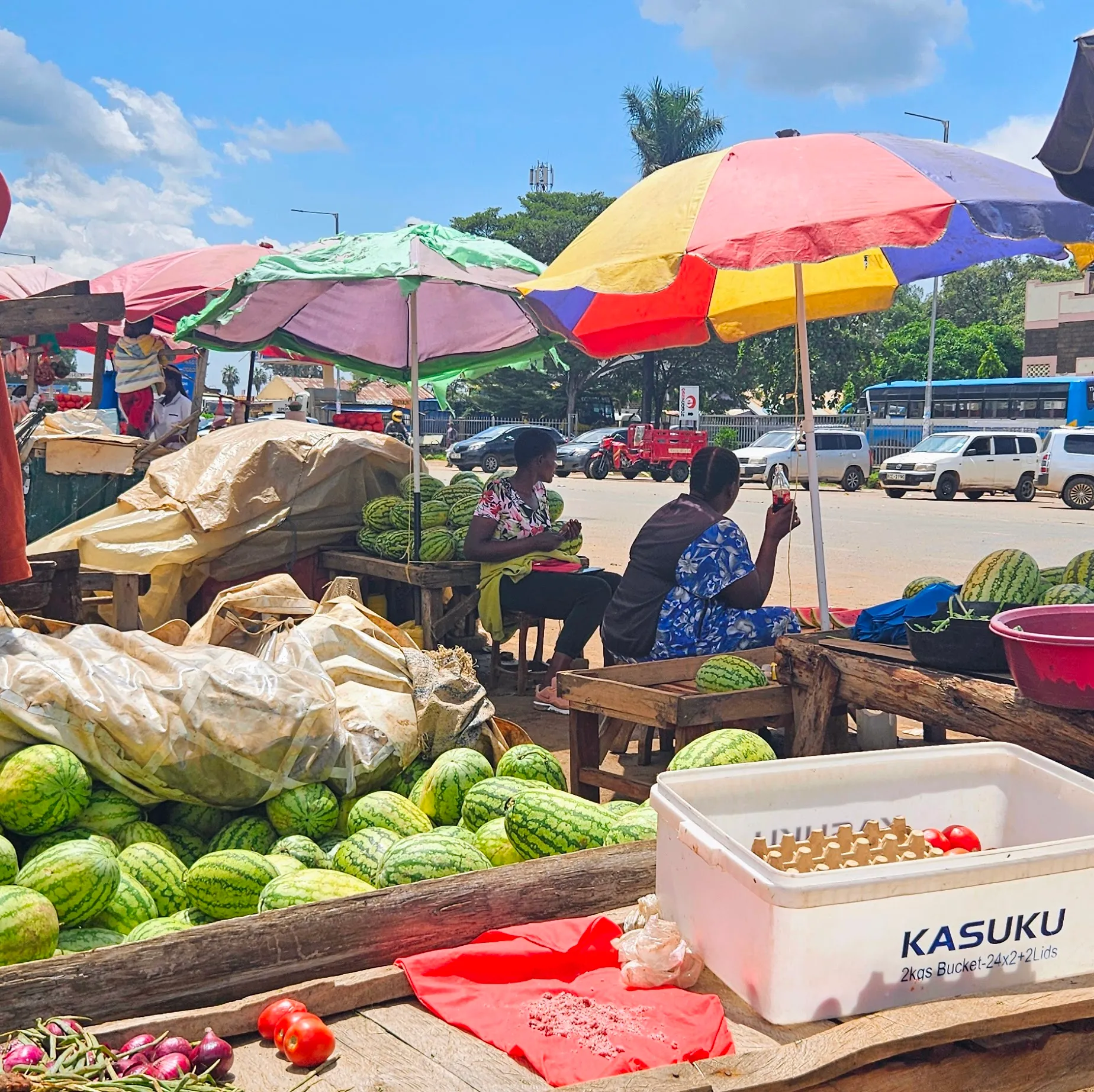 Colourful outdoor Kenyan market with watermelons and fresh produce under umbrellas
