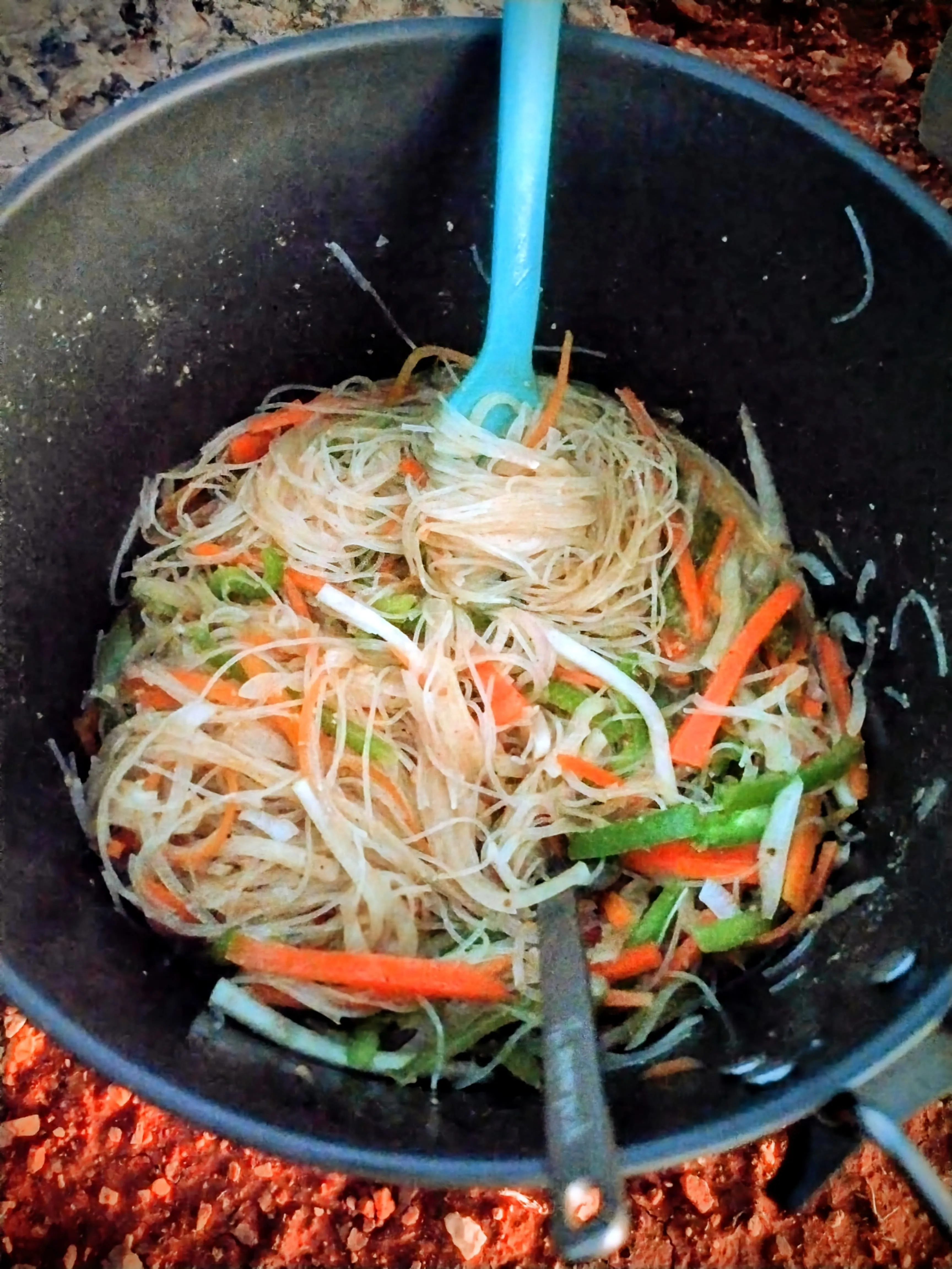 Vermicelli noodle dish in a camping pot