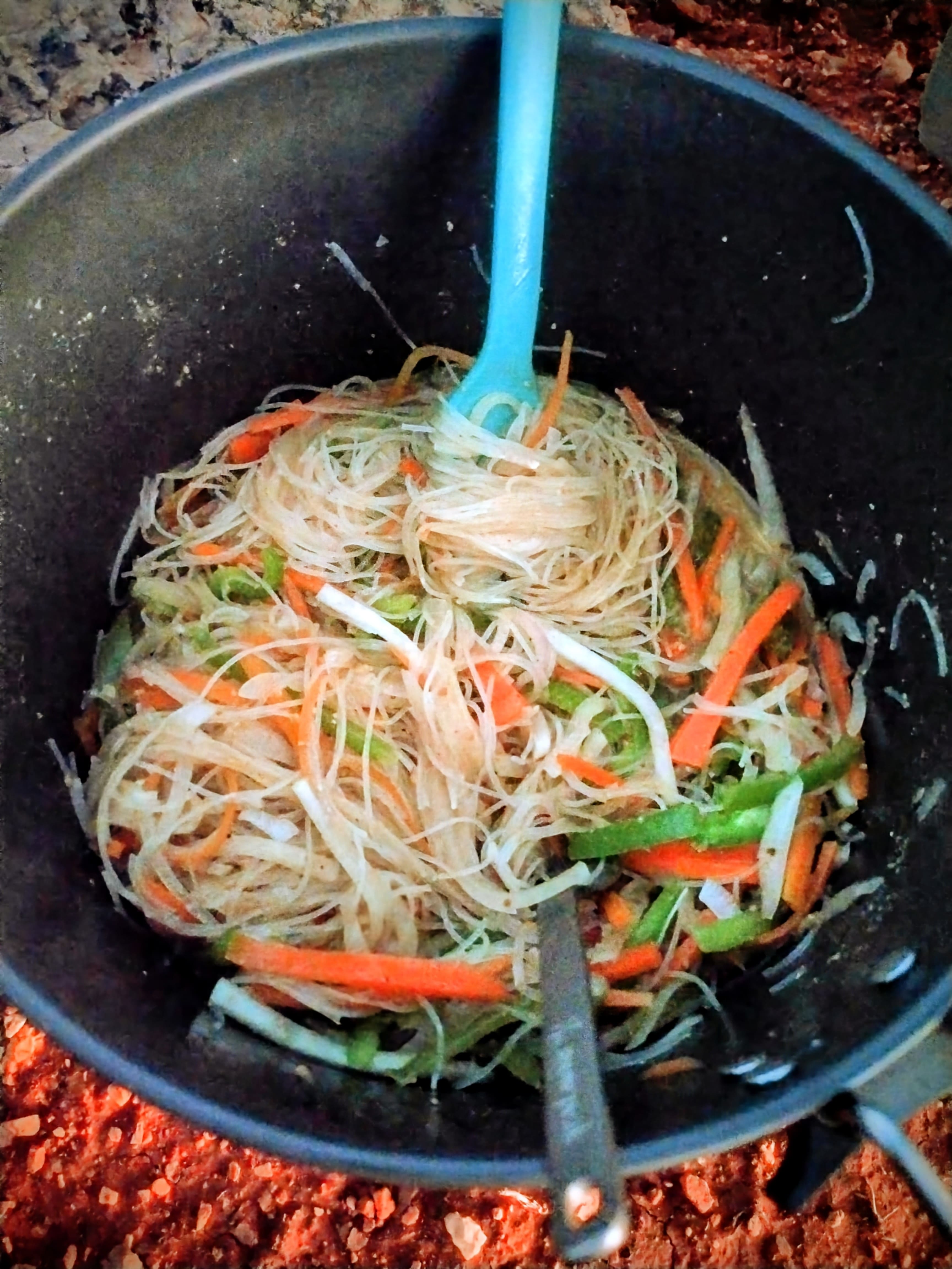Vermicelli noodle dish in a camping pot